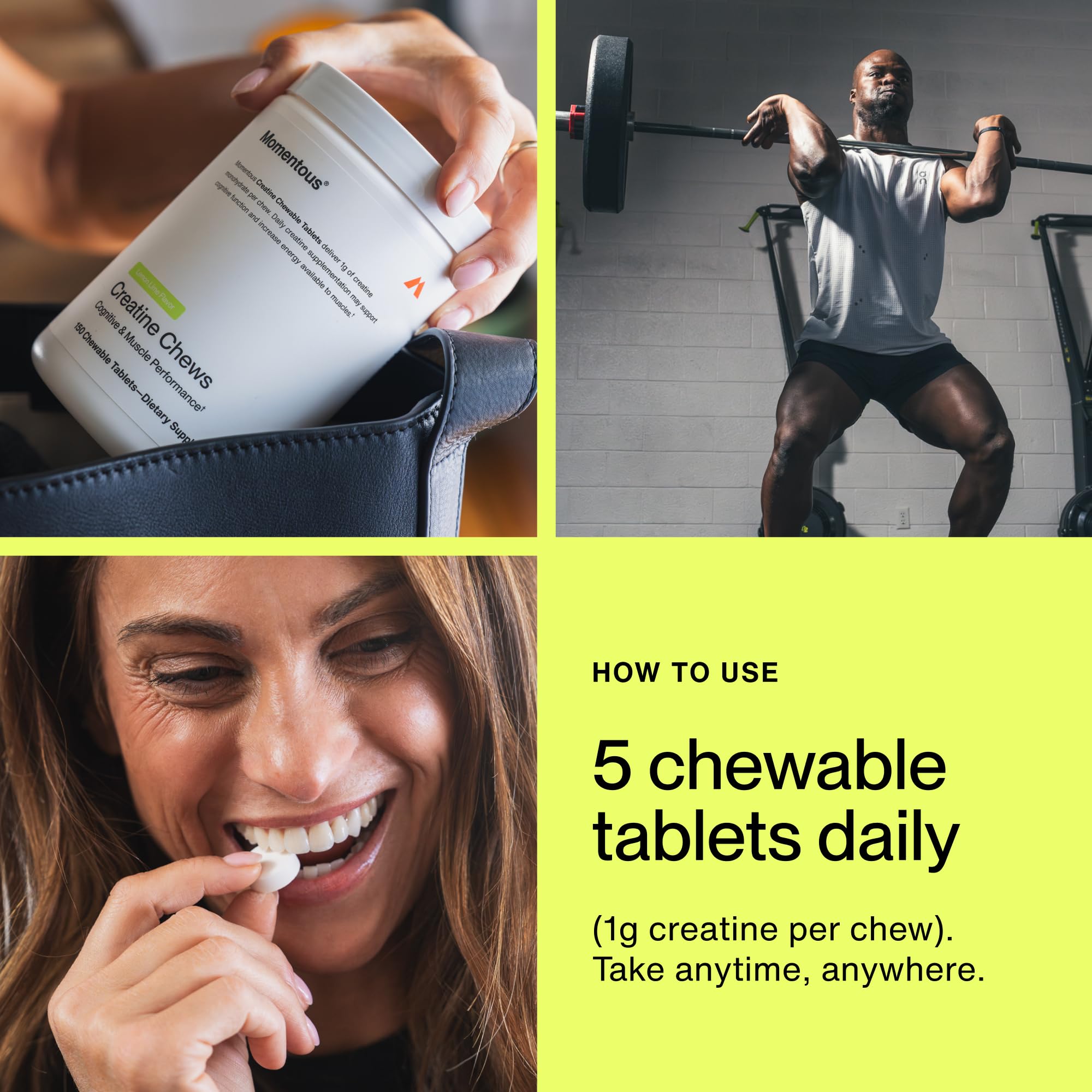 Momentous Creatine Chews - Creatine Monohydrate - Supports Strength, Lean Muscle, & Recovery for Men & Women - NSF Certified for Sport - 150 Chewable Tablets - Lemon Lime - Image 5