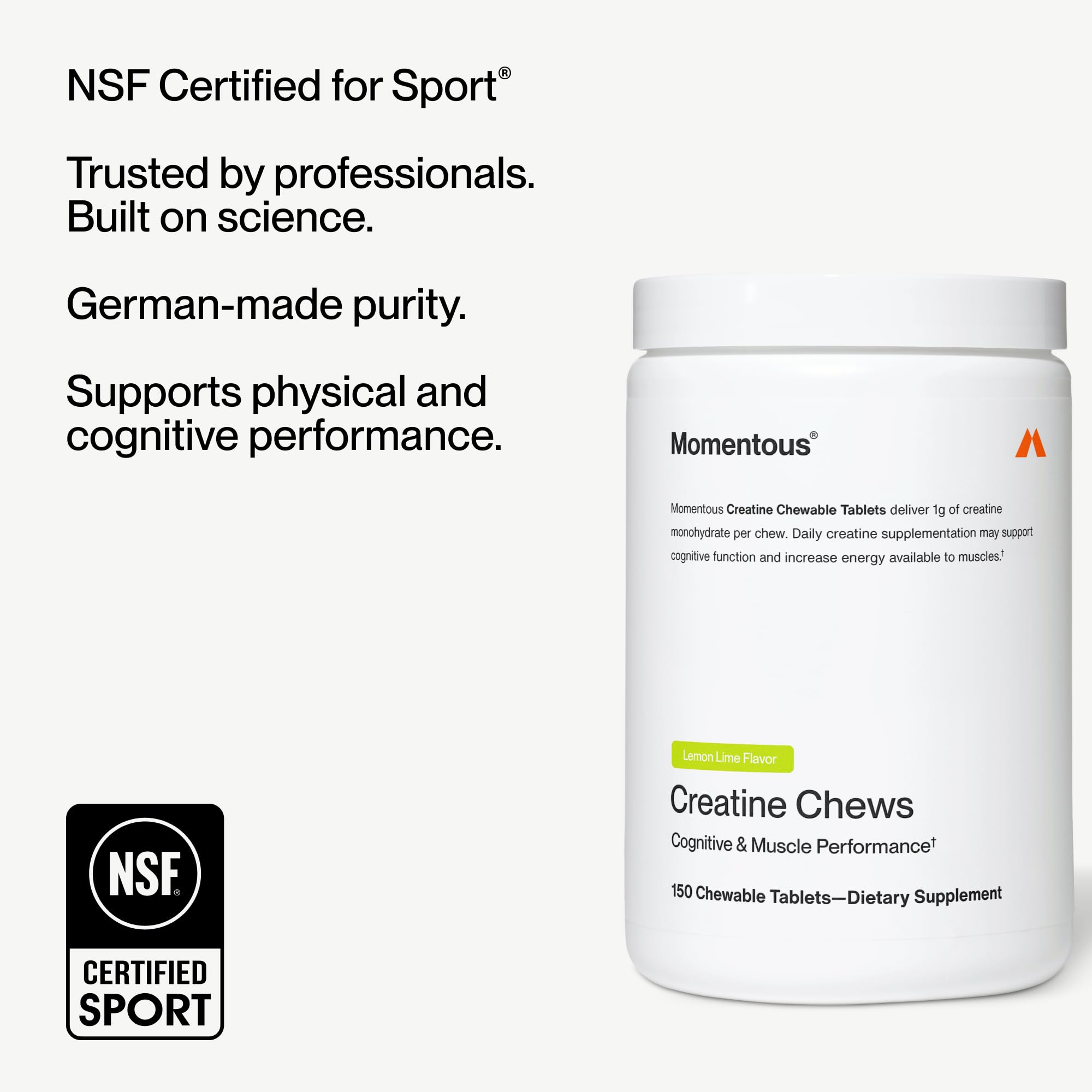 Momentous Creatine Chews - Creatine Monohydrate - Supports Strength, Lean Muscle, & Recovery for Men & Women - NSF Certified for Sport - 150 Chewable Tablets - Lemon Lime - Image 6
