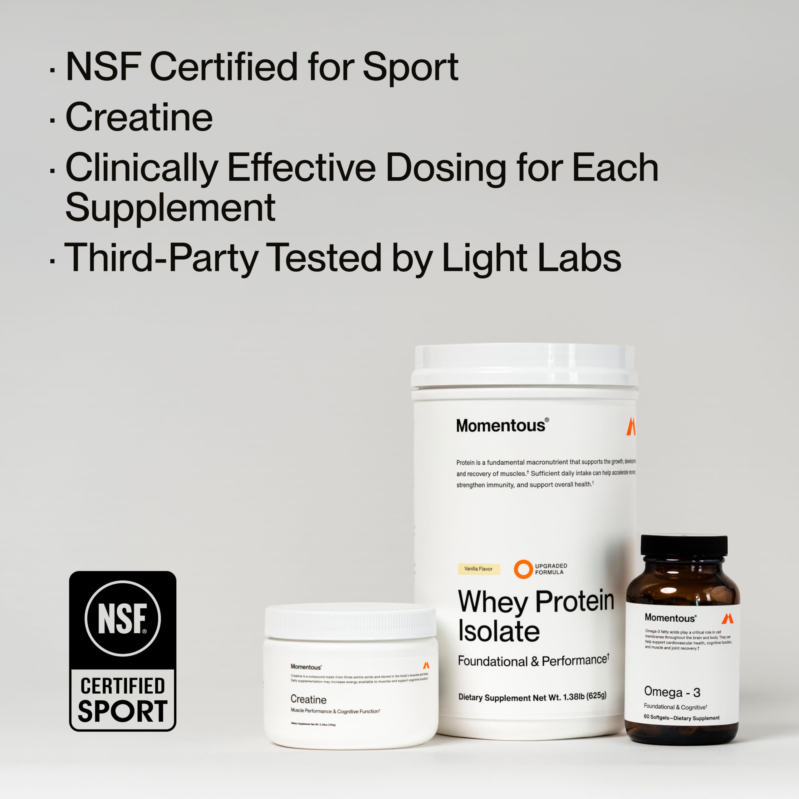 Momentous Three - Creatine Monohydrate Powder (30 Servings), Grass-Fed Whey Protein Powder (Vanilla) & Omega-3 Fish Oil 1600mg - Daily Essentials for Strength, Performance & Lean Muscle Recovery - Image 8