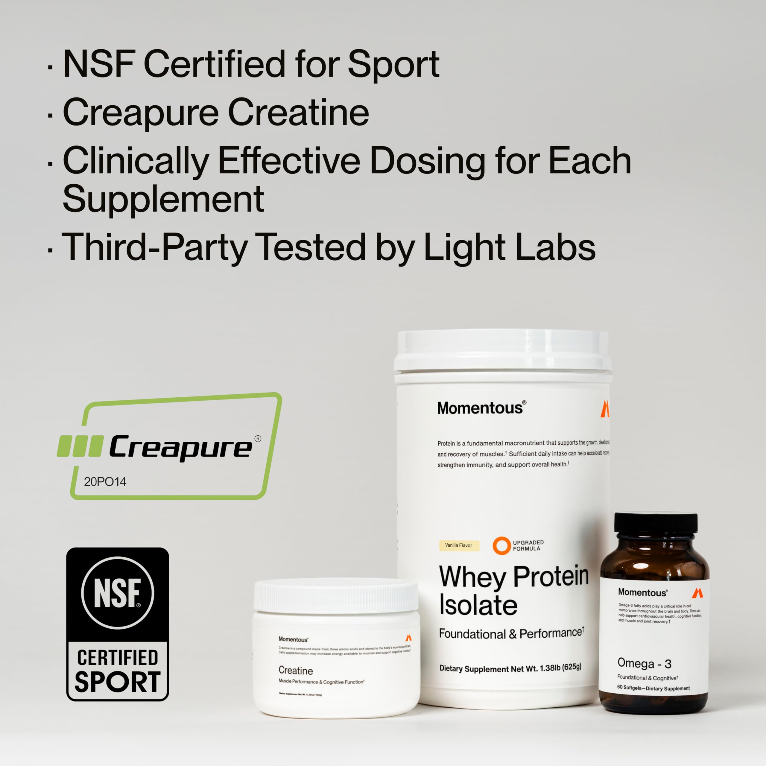 Momentous Three - Creatine Monohydrate Powder (90 Servings), Grass-Fed Whey Protein Powder (Unflavored) & Omega-3 Fish Oil 1600mg - Daily Essentials for Strength, Performance & Lean Muscle Recovery - Image 6
